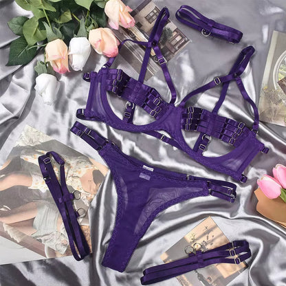 Cross-Border Hot-Selling Bandage Sexy Lingerie Set with Underwire, 4-Piece Set for Adult Women, Tight-Fitting Erotic Intimate Lingerie