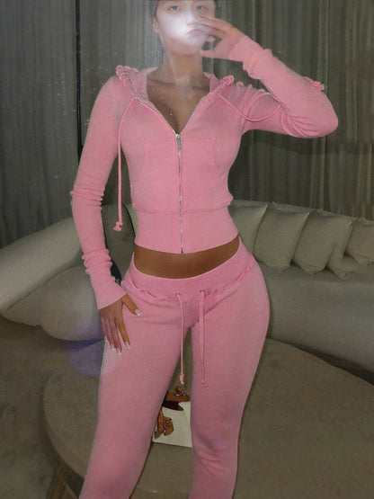 Women's Short Zip-Up Hoodie and Flared Pants Two-Piece Set