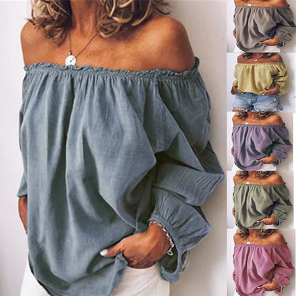 Womens Off The Shoulder Elastic Ruched Cotton Linen Long Sleeve Shirt