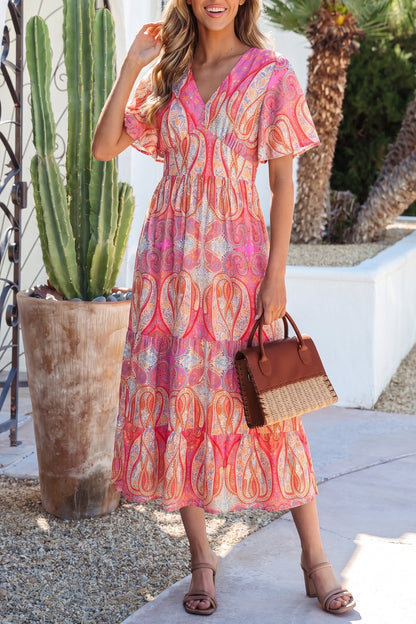 Maxi-jurk met V-hals korte mouwen en V-hals in veelkleurige paisleyprint