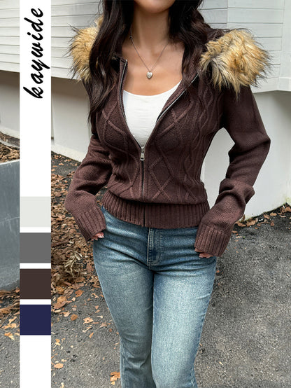 Women Plush Long Sleeve Zip Up Cardigan Sweater