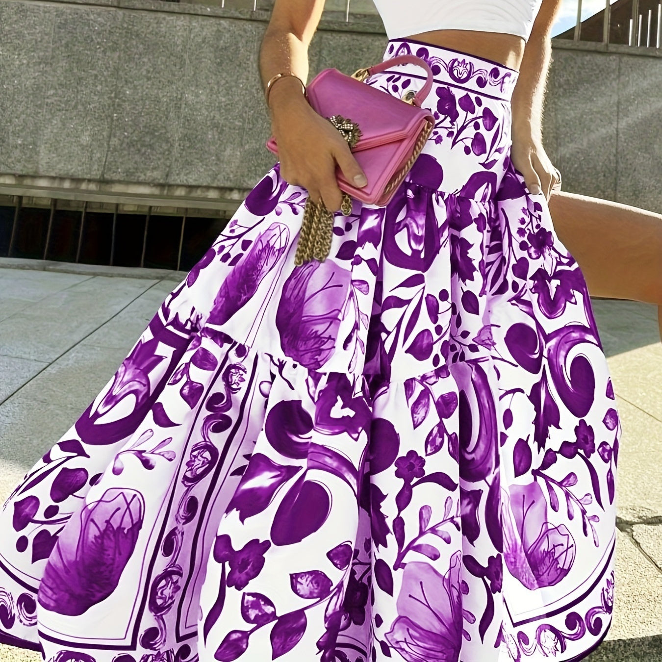 Plus size digitaal bedrukte taille-gecontroleerde retro maxi-rok