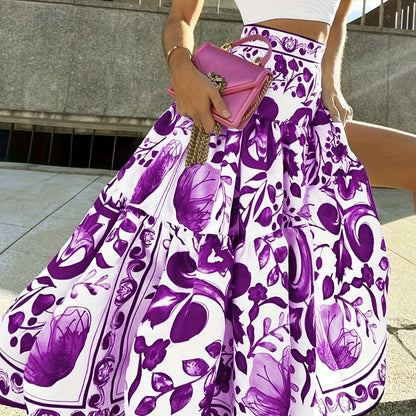 Plus size digitaal bedrukte taille-gecontroleerde retro maxi-rok