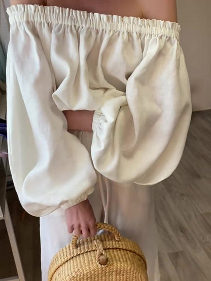 Katoenen en linnen one-shoulder top met lange mouwen en wijde broek set