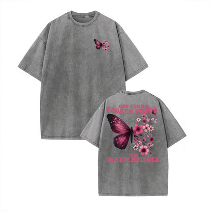 Vintage Washed Cotton T-Shirt with Butterfly Print