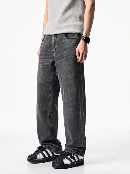 Men's Summer Loose Straight Leg Jeans Washed Black Gray Lightweight