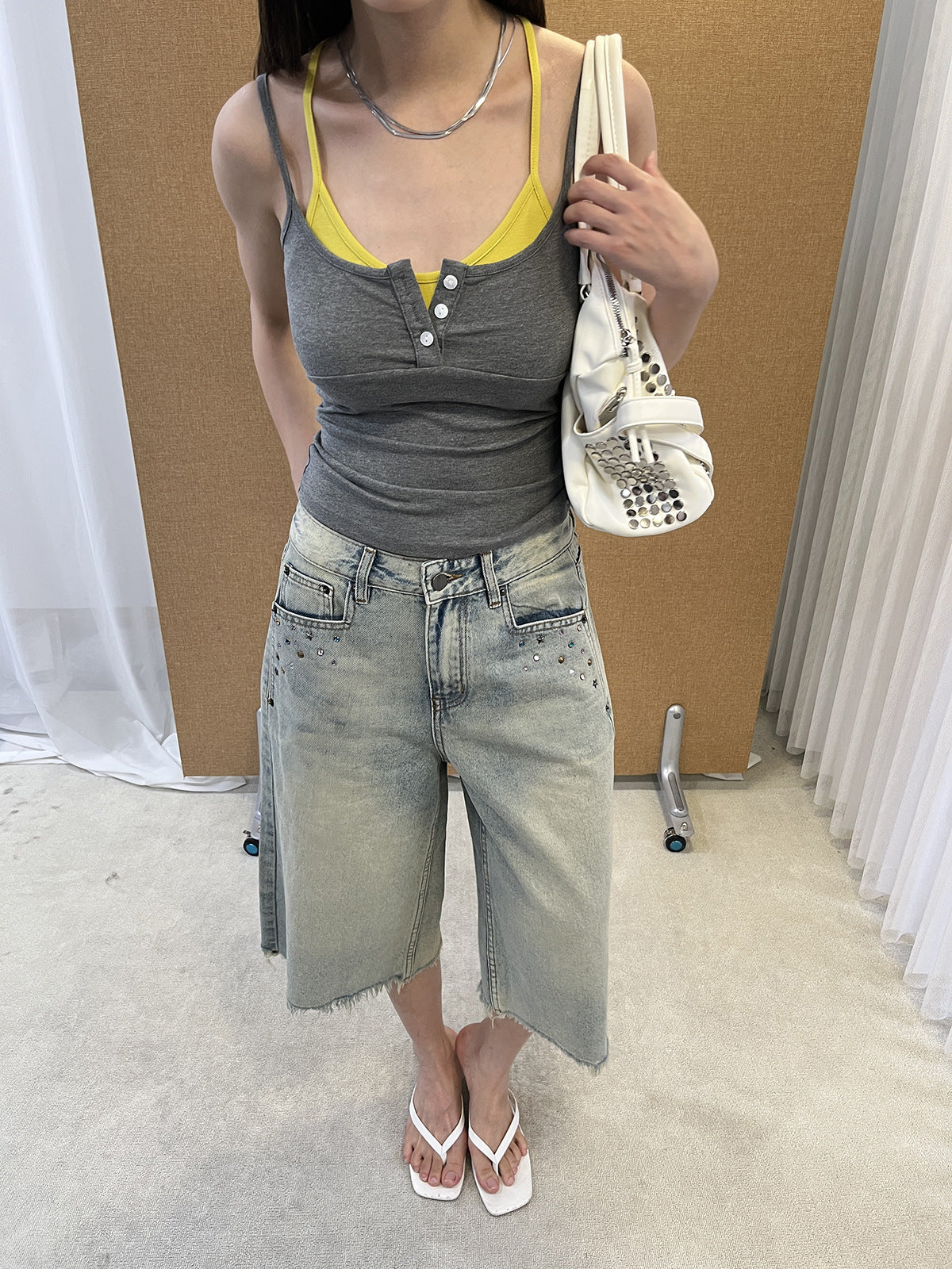 Womens Rhinestone Frayed Hem Denim Pants