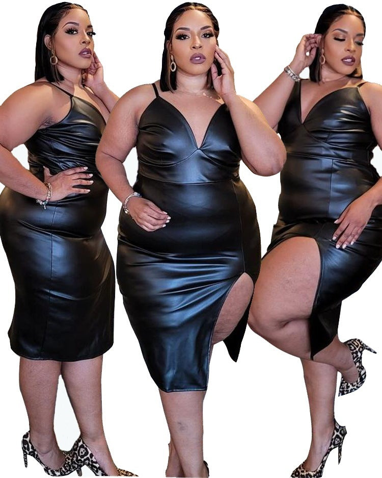 Plus Size PU leren split heup cami jurk