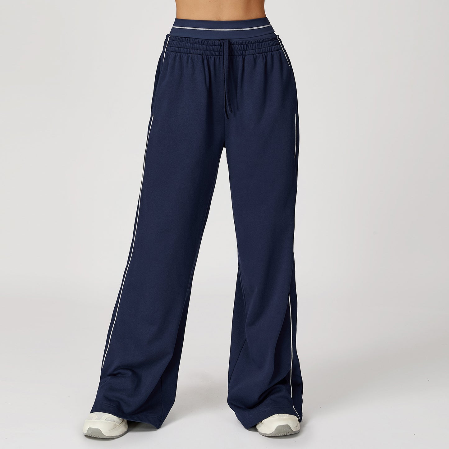 Contrasting Color Sports Sweatpants Loose High Waisted Straight Pants with Pockets