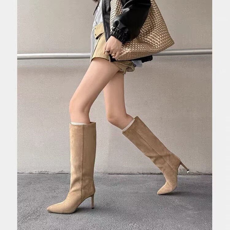 Pointed-toe, stiletto-heeled, suede straight-leg boots