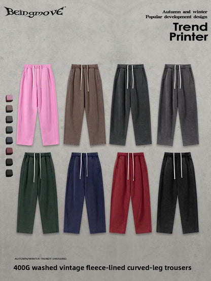 Retro Washed 400g Fleece Lined Curved Cut Straight Leg Sweatpants for Men