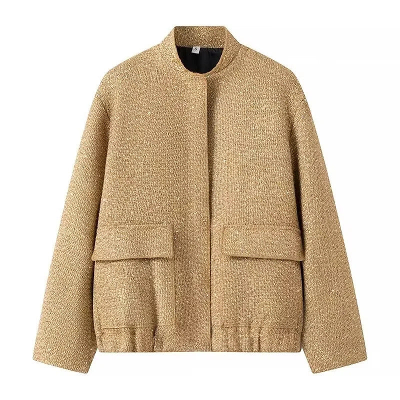 Women's Beaded Round Neck Long Sleeve Loose Polyester Jacket