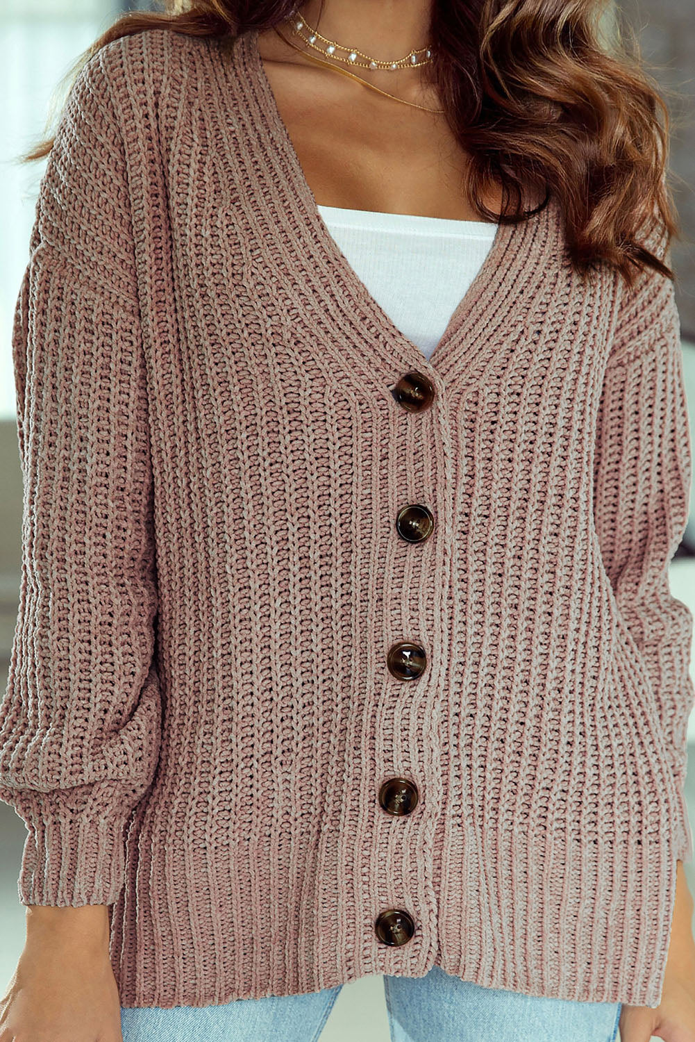 Gray Buttoned Front Drop Shoulder Knitted Cardigan