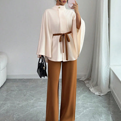 Women's Mock Neck Waist-Tie Short Woolen Coat Set
