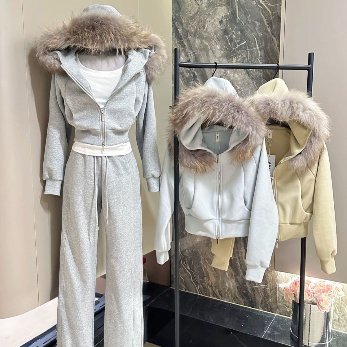 Fleece-Lined Thick Hooded Sweatshirt Jacket Pants Two-Piece Set