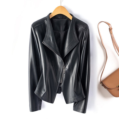 Womens PU Leather Biker Jacket Slim Fit Lapel Zipper