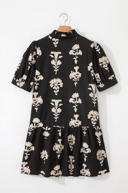Mini-jurk met ruches V-hals pofmouwen en bloemenprint