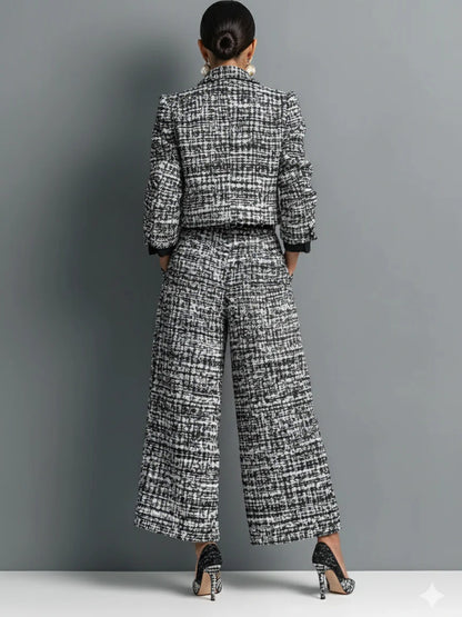 Women Lapel Short Jacket Wide Leg Pants Suit Two Piece Set