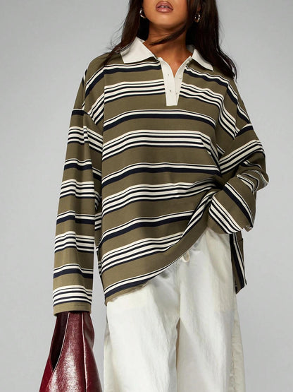 Retro Color-Block Striped Long-Sleeve Polo Sweatshirt,