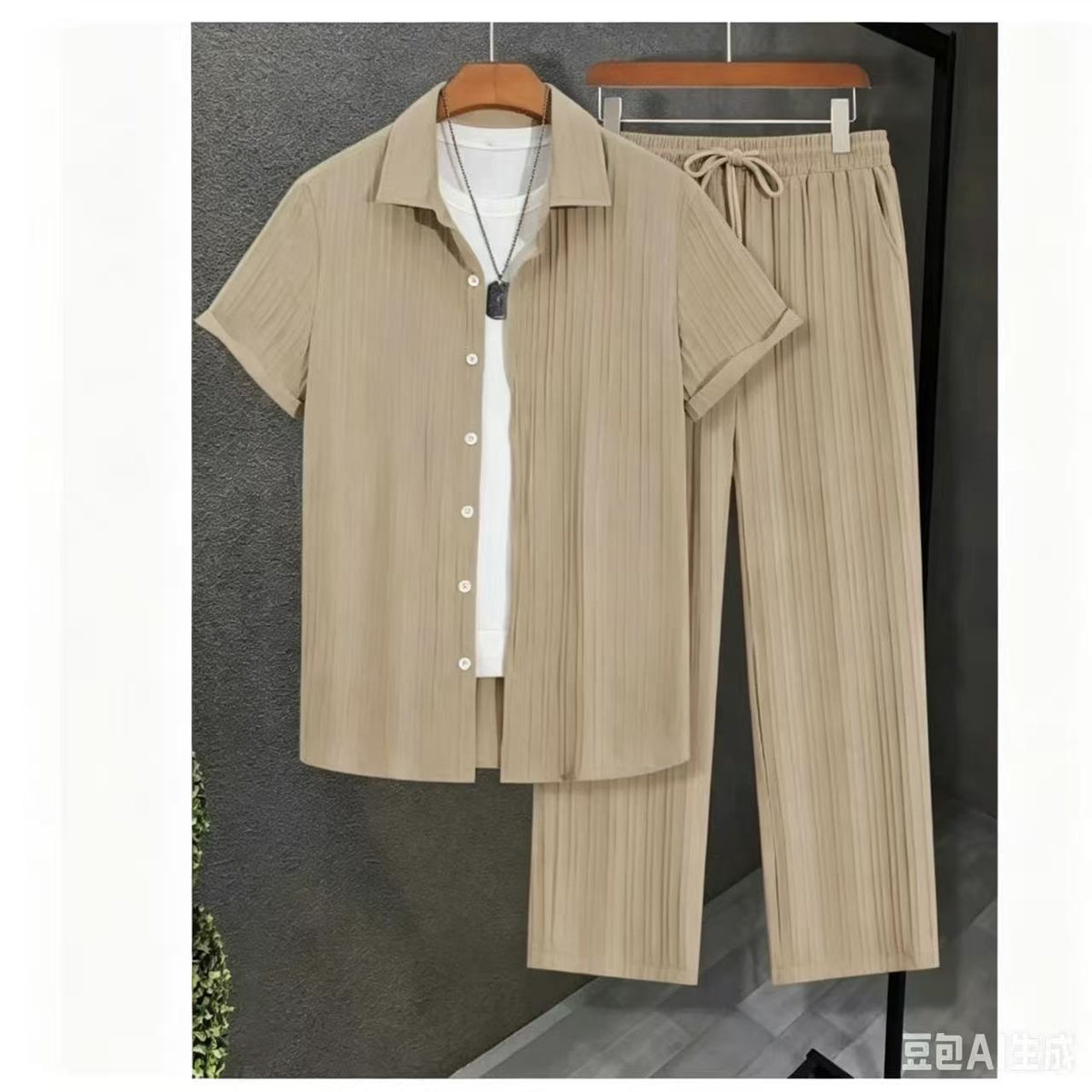 Men's Striped Short-Sleeve Shirt and Drawstring Pants Set