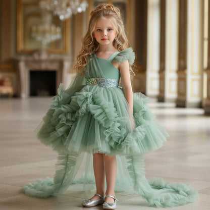 Girls Tulle Princess Dress with Irregular Train and Bow Detail Birthday Party Dress