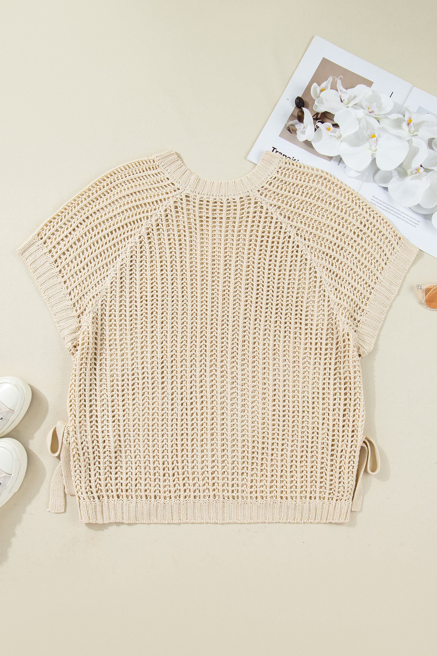 Plus size open gebreide trui met strik en korte mouwen