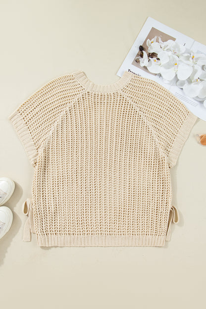 Plus size open gebreide trui met strik en korte mouwen