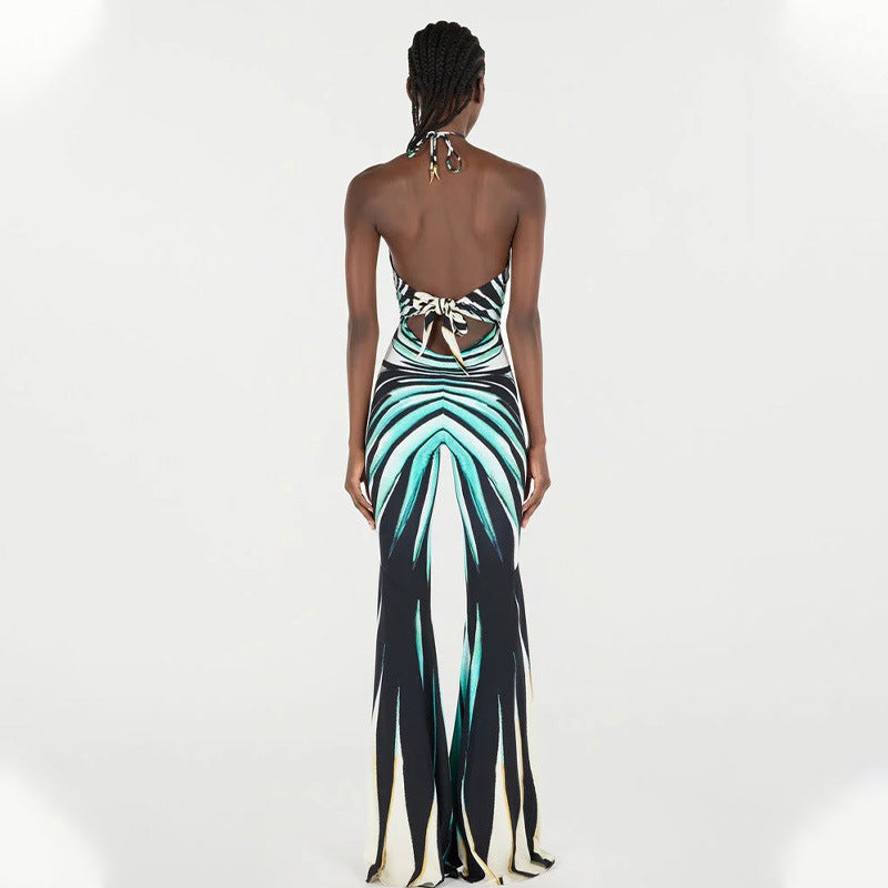 Trendy Contrast Striped Hollow Halter Jumpsuit