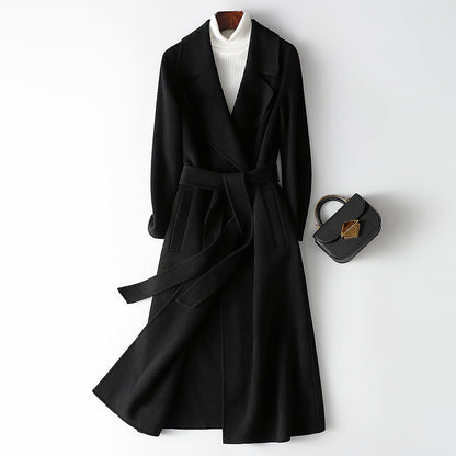 Women's Double-Sided 100% Wool Long Over-The-Knee Coat with Suit Collar