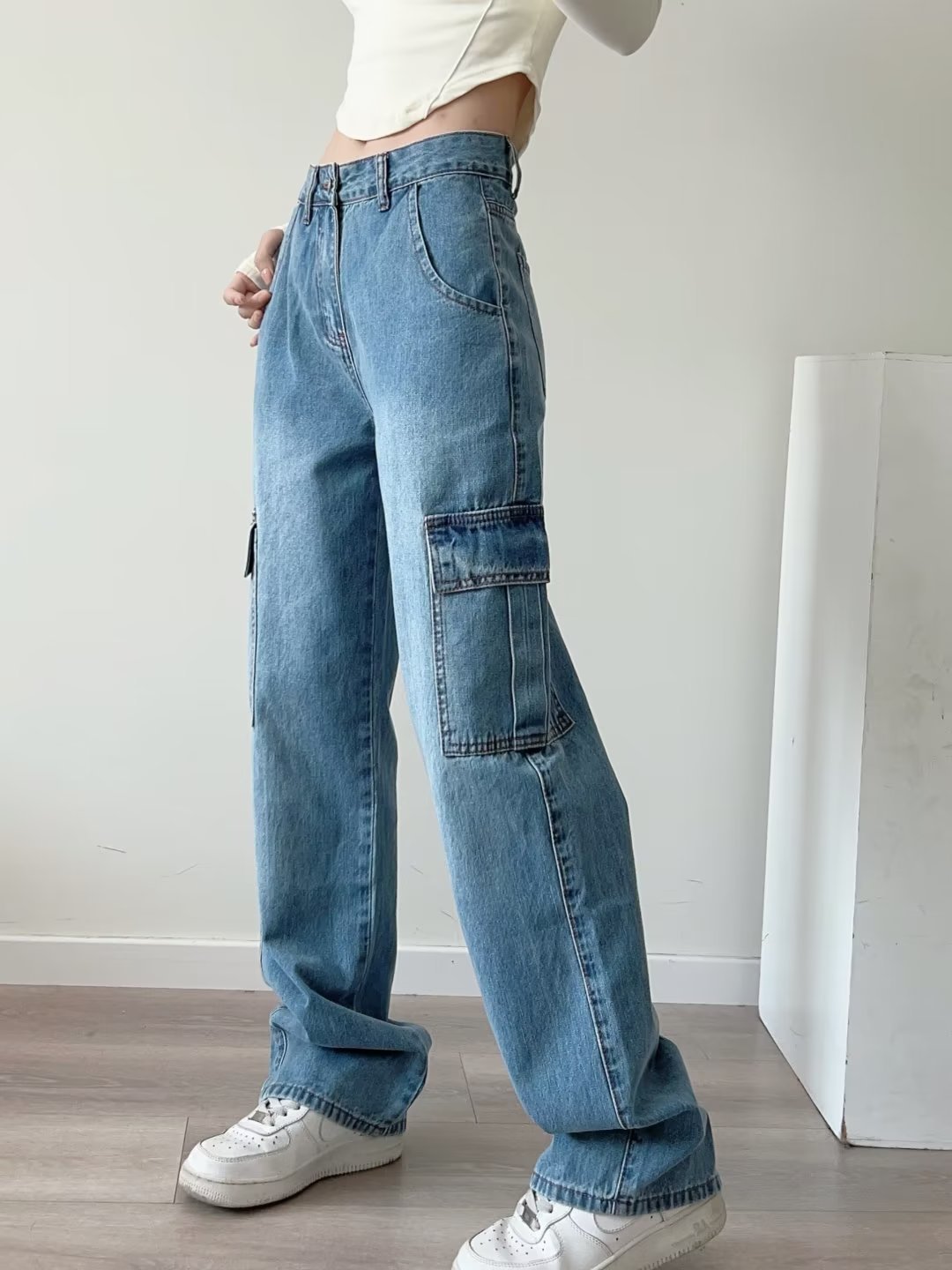 Dames cargo jeans met grote zakken recht model