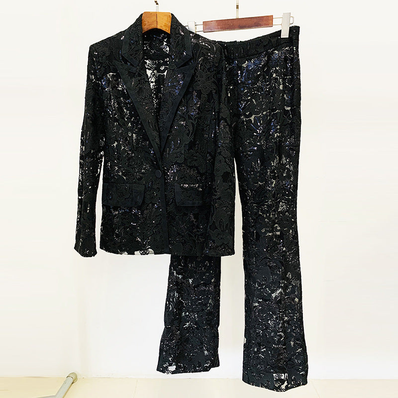 Embroidered Sequin Mesh Blazer and Pants