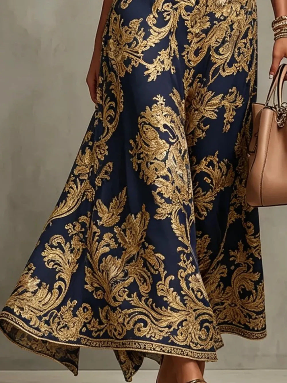 Lady's golden embroidered fitted and slimming evening gown for formal events