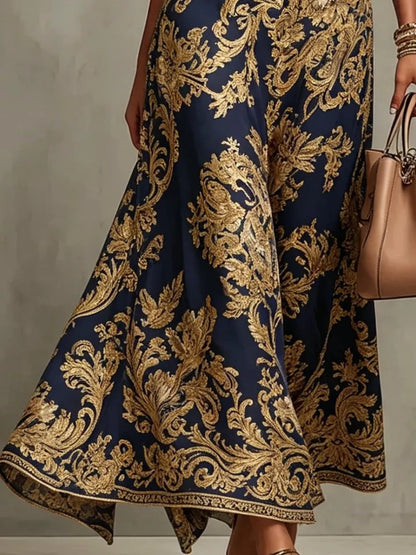 Lady's golden embroidered fitted and slimming evening gown for formal events