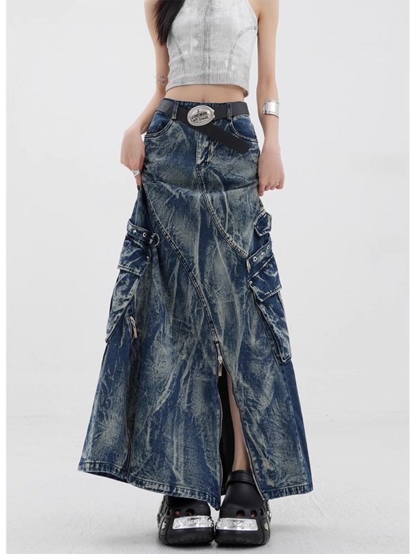 Vintage Washed Tie-Dye Denim Skirt with Zipper Detail