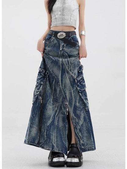 Vintage Washed Tie-Dye Denim Skirt with Zipper Detail
