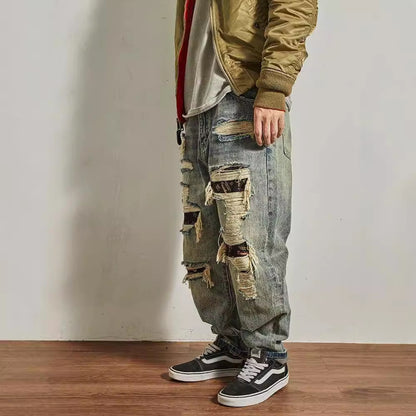 Heren Losse Rechte Taps Toelopende Versleten Jeans Amerikaans