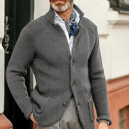 Mens Thick Knit Cardigan Sweater with Buttoned Lapel