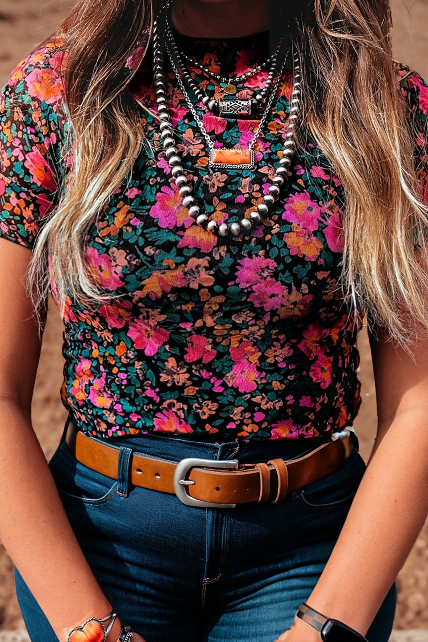 Roze Plus Size Bloemen Mesh Top met Korte Mouwen en Hoge Hals