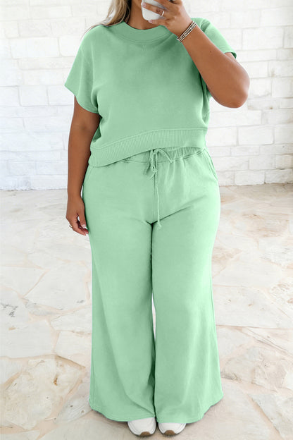 Plus size effen top met ribboord korte mouwen en losse broek met trekkoord 2-delige set
