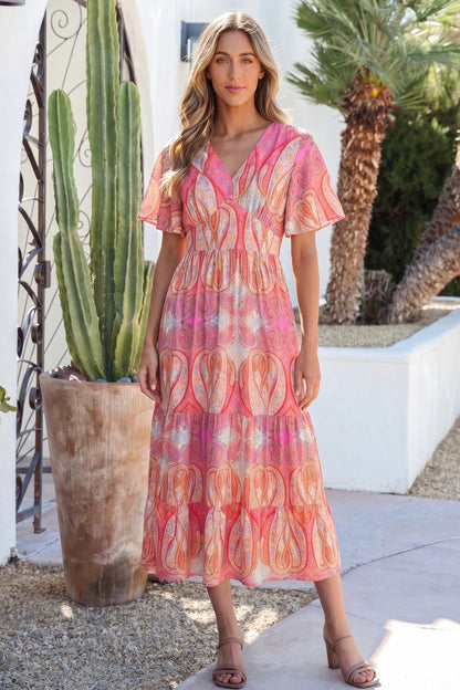 Maxi-jurk met V-hals korte mouwen en V-hals in veelkleurige paisleyprint