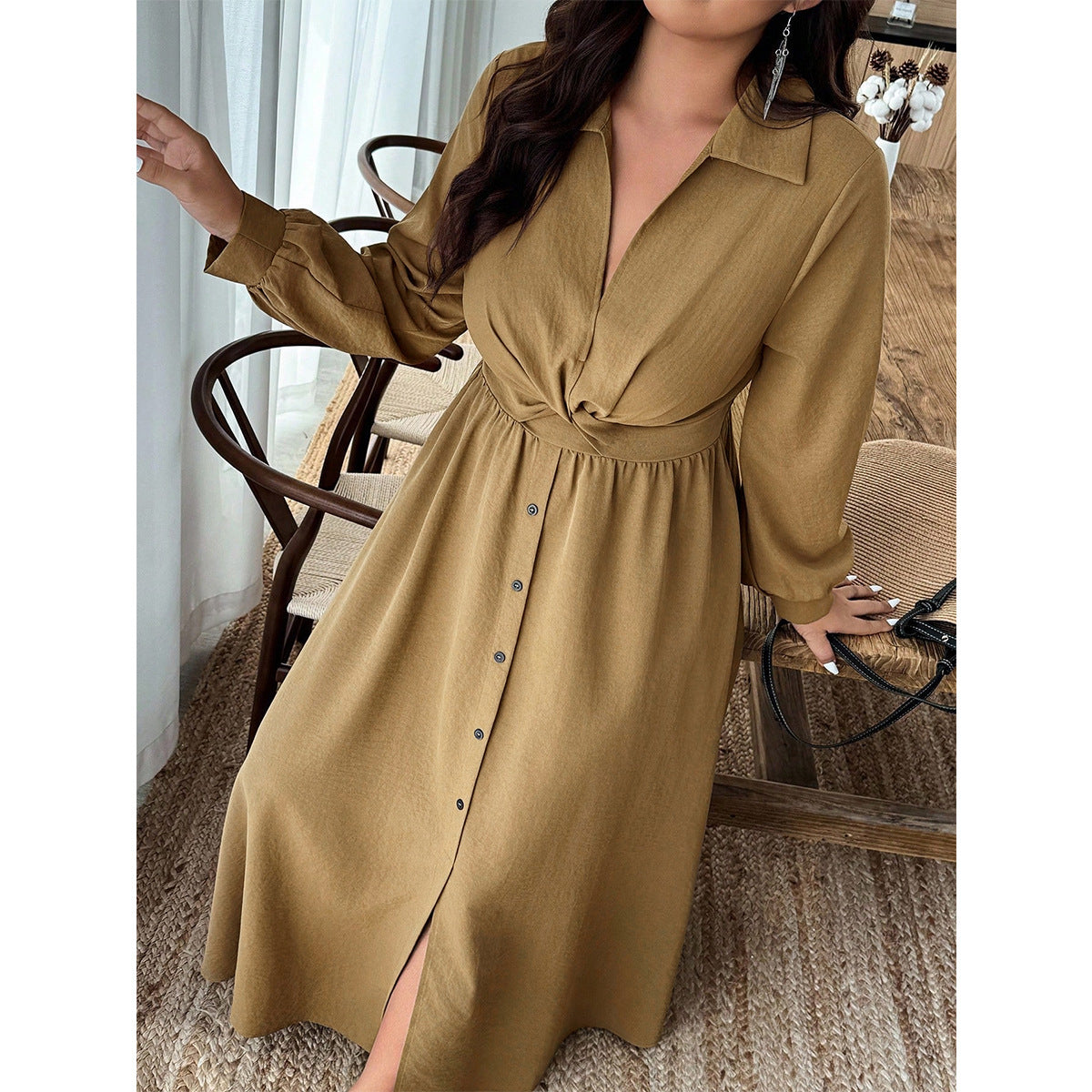 Womens V-Neck Drawstring High Waist Flared Dress