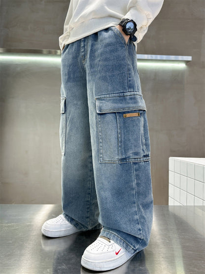 Losse denim cargo broek voor jongens