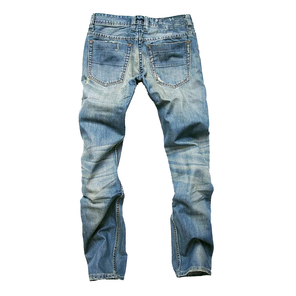 Men's Ripped Light Blue Straight Fit Cotton Blend Jeans