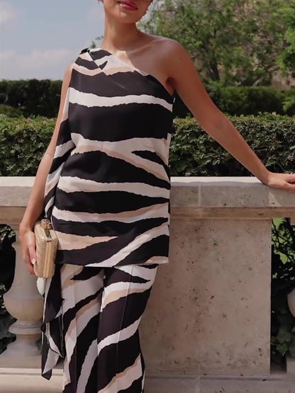 Zebraprint top met één schouder onregelmatige zoom wijde pijpen pak