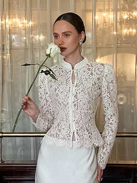 Retro Style Slim Fit Small Stand Collar Puff Sleeve Lace Knit Jacquard Top Women's High-End Shirt