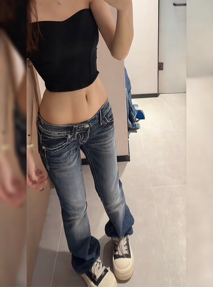 Rhinestone Embroidered Low-Rise Women's Jeans