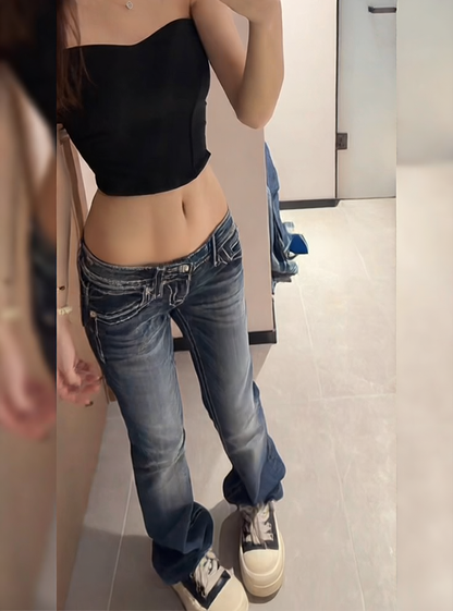 Rhinestone Embroidered Low-Rise Women's Jeans