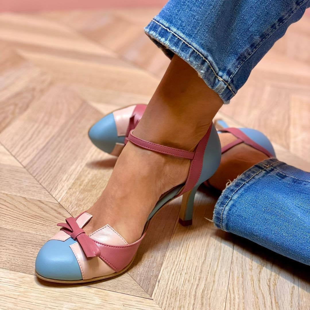 Women's High-Heeled Color-Block Sandals with Bow Strap