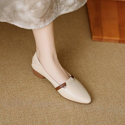 Women Soft Leather Pointed Toe Low Heel Mary Jane Shoes