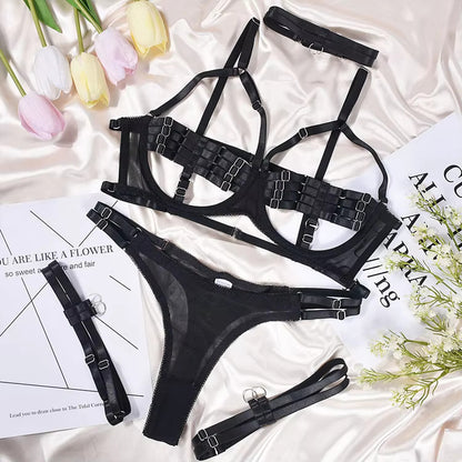 Cross-Border Hot-Selling Bandage Sexy Lingerie Set with Underwire, 4-Piece Set for Adult Women, Tight-Fitting Erotic Intimate Lingerie